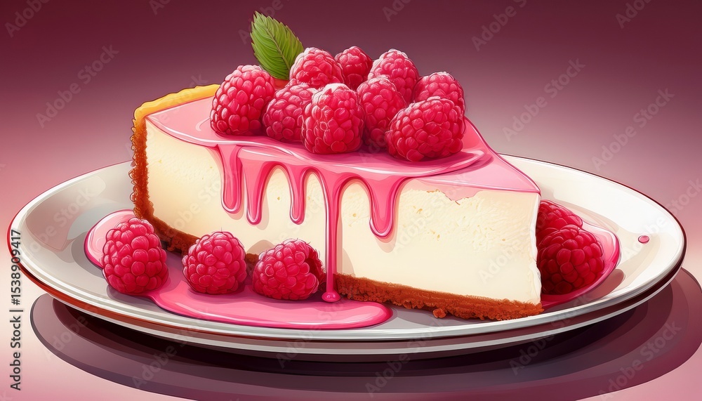 Delicious Slice of Raspberry Cheesecake on a White Plate with Fresh Berries, Sweet Dessert, Gourmet Food Photography Delicious Slice of Raspberry Cheesecake on a White Plate with Fresh Berries, Sweet Dessert, Gourmet Food Photography
