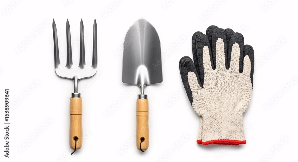 Gardening tools and gloves on white background perfect for spring planting projects Gardening tools and gloves on white background perfect for spring planting projects