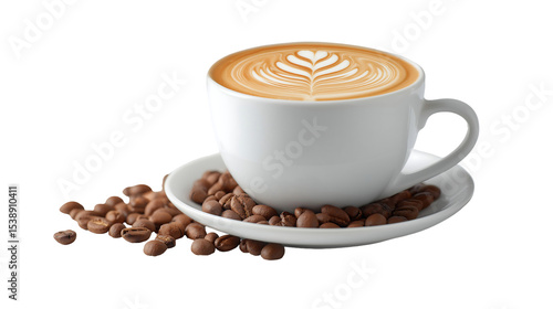 A cup of latte art coffee on a saucer with coffee beans