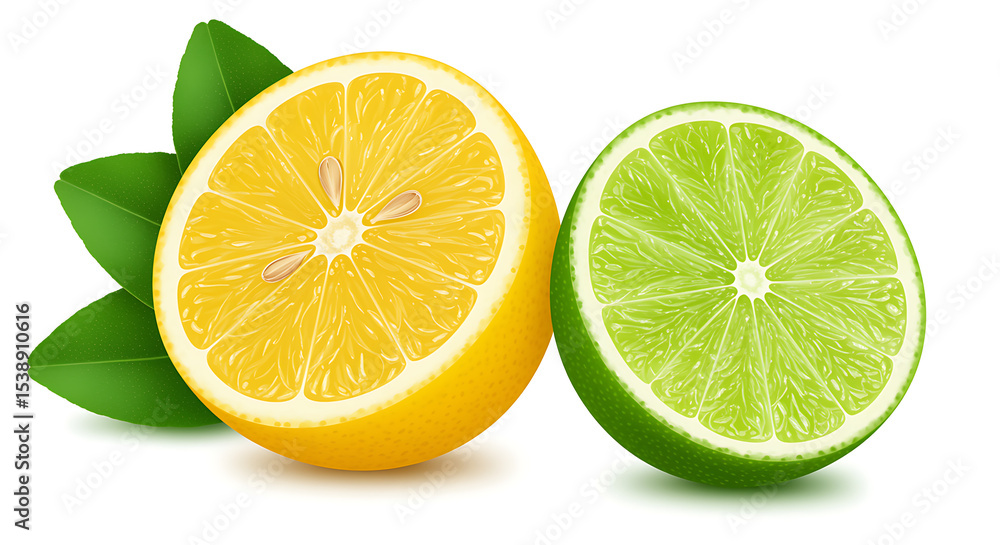 Fototapeta premium Half lemon and lime with leaves isolated on white background