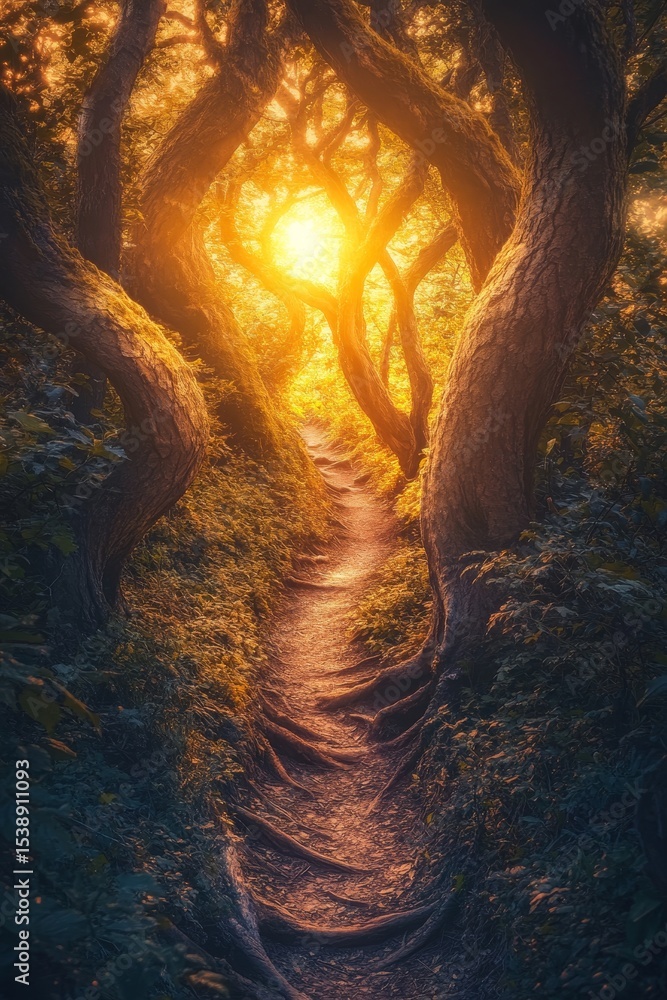 Path through trees leads to bright light illuminating the end of the forest. Path through trees leads to bright light illuminating the end of the forest.