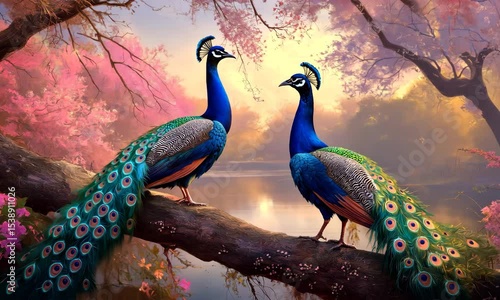 Peacocks resting by a tranquil lake