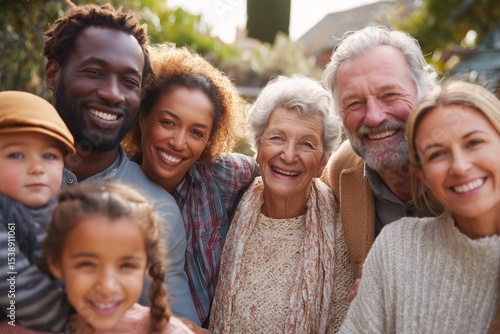 El legado familiar y la alegría que une generaciones.
Tres generaciones de una familia feliz sonríen en el exterior.
