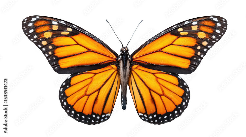 Fototapeta premium Brightly colored monarch butterfly displays its striking orange and black wings with intricate patterns.