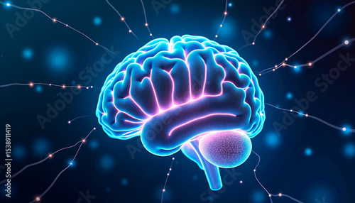Glowing digital brain illustration with electric impulses