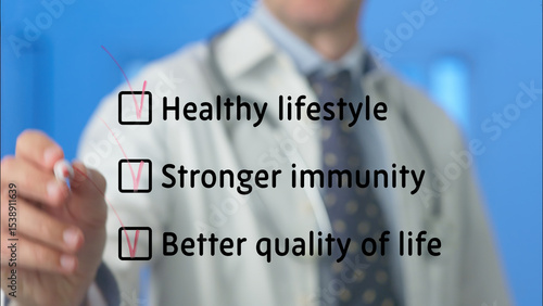 Doctor is ticking checkboxes of healthy lifestyle, stronger immunity and better quality of life, highlighting the importance of these factors for overall well being