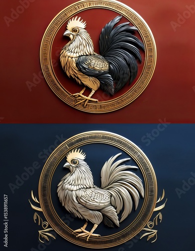 Intricate Golden Rooster Zodiac Symbol on Red and Blue Backgrounds Decorative Animal Art