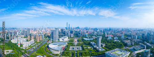 Panoramic Aerial view of Shanghai skyline in downtown on sunny day.