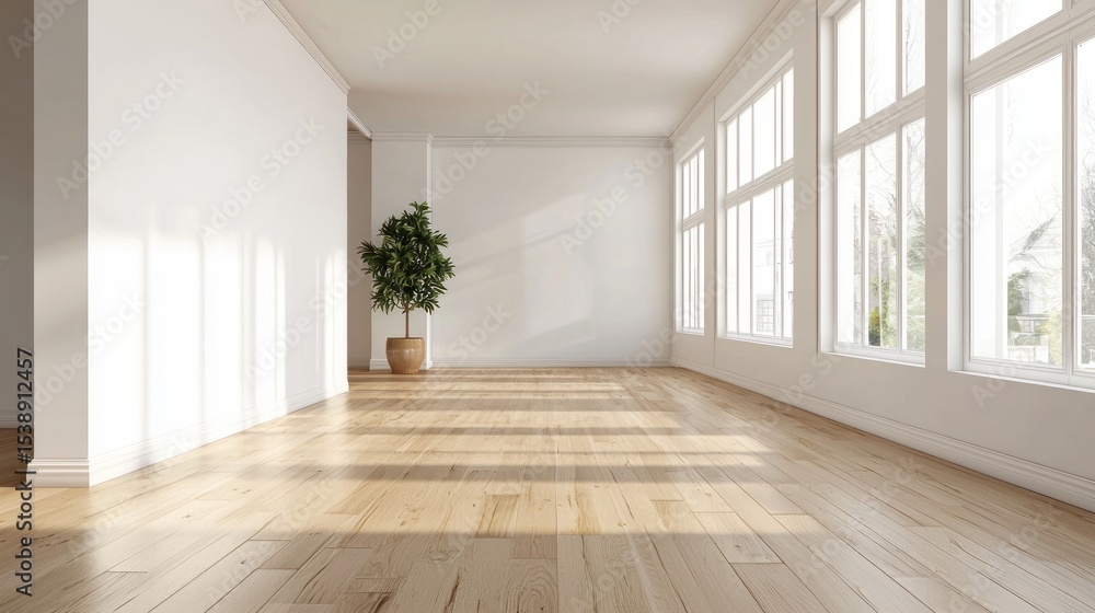 Fototapeta premium A spacious, minimalist living room with white walls, large windows, and a wooden floor. The room is well-lit with natural light