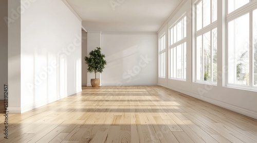 Wallpaper Mural A spacious, minimalist living room with white walls, large windows, and a wooden floor. The room is well-lit with natural light Torontodigital.ca