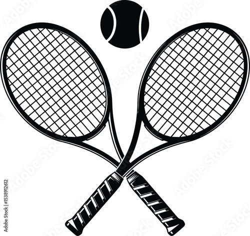 Tennis Rackets and Ball Icon: Crossed Tennis Rackets with Tennis Ball Above for Sports and Tennis-Related Design, Recreation, and Athletic Illustrations
