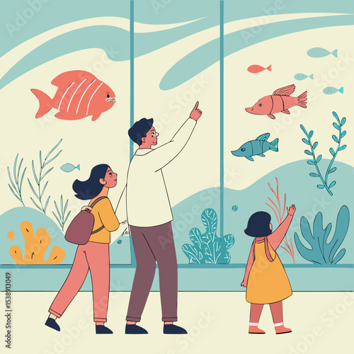 A family vector illustration of traveling at aquarium