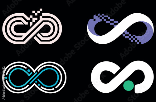 Modern infinity loop icon set with digital circuit, tech glitch, and abstract  for future innovation and technology concepts