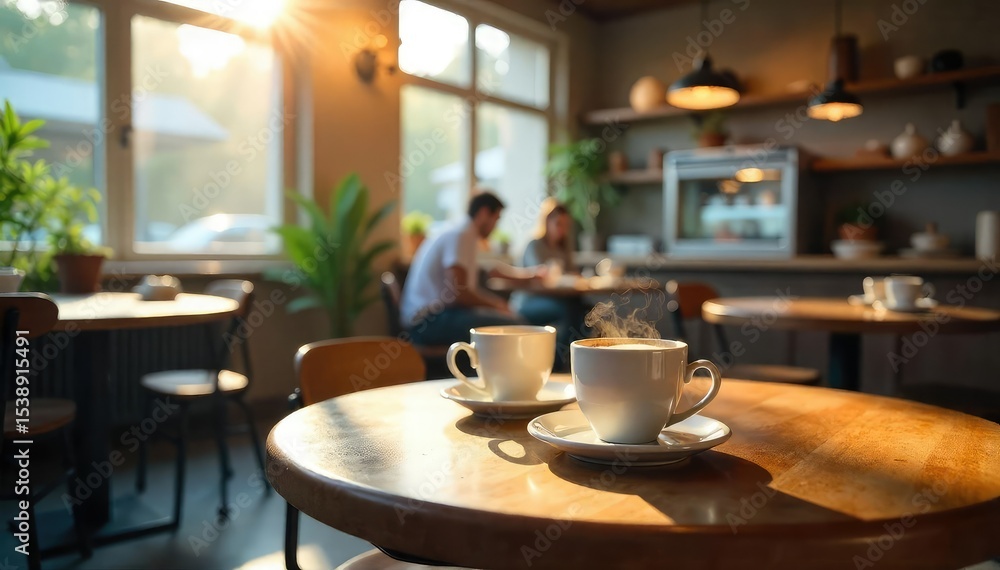 A bustling cafeteria scene during a coffee break, featuring steaming mugs, pastries, and various food items on tables Sunlight streams through a nearby window , light, window, relaxation A bustling cafeteria scene during a coffee break, featuring steaming mugs, pastries, and various food items on tables Sunlight streams through a nearby window , light, window, relaxation