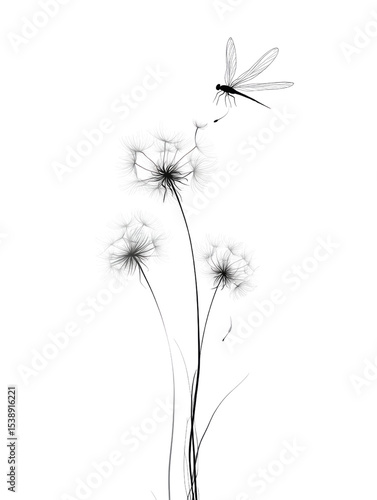 Wallpaper Mural A black and white drawing of a flower with a dragonfly hovering over it Torontodigital.ca