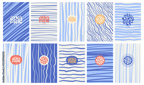 Blue summer striped backgrounds set. Uneven stripes, streaks, sea water waves. Deformed hand drawn wavy doodle curved winding lines, rectangle patterns. Hello it's summer time hand lettering.