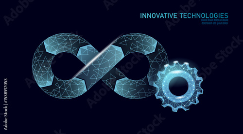 Infinity loop and gear concept. Perpetual cycle development process. Software engineering automation DevOps management business solutions. Low poly neon blue dark background vector