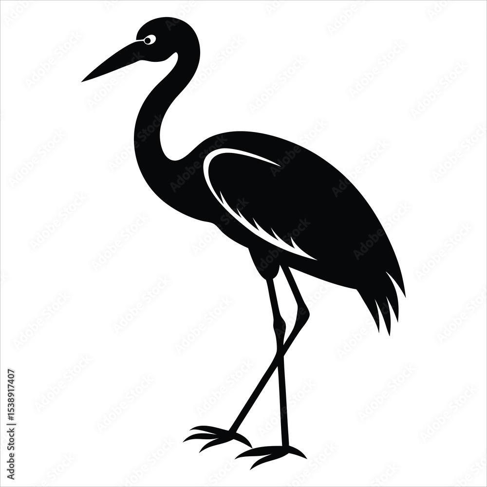 Obraz premium Elegant Heron Bird Silhouette Standing in Shallow Water with Long Legs and Neck, Minimalist Wildlife Vector Perfect for Nature Art, Bird Watching Design, Logo, or Wetland Conservation Themes