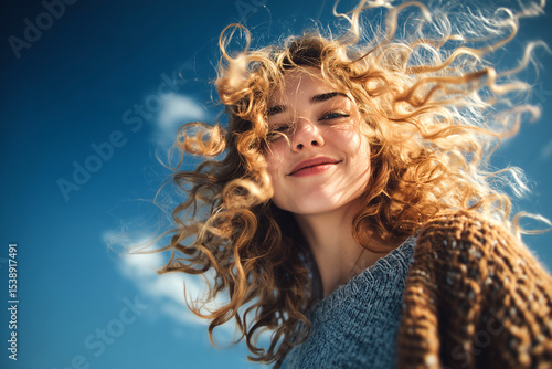  Libertad y alegría, vibrando con la energía del buen tiempo.Mujer joven de cabello rizado sonríe feliz bajo un cielo azul vibrante.