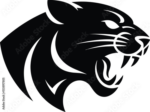 Illustration of a black panther head roaring on a white background