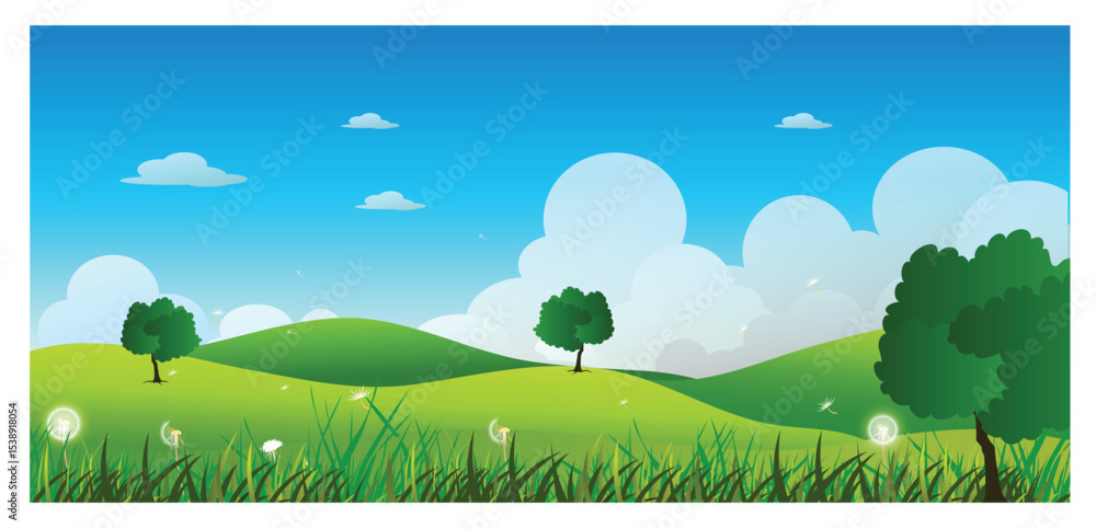Fototapeta premium Serene Green Hills Landscape Idyllic Countryside Illustration