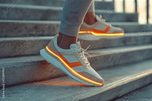 Person walking up stairs wearing illuminated sneakers