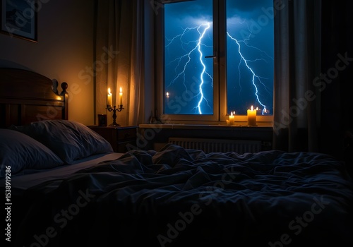 Dramatic Lightning Storm View from Cozy Bedroom Window at Night