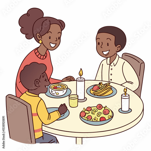 A family sit for dinner together