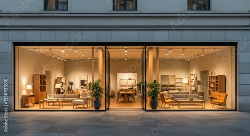 Modern furniture store facade showcasing minimalist interior design and urban reflections