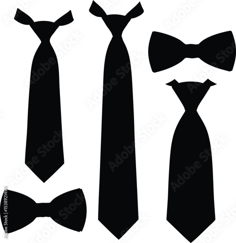 Necktie and Bow Tie Silhouettes Vector Set; Ties and bow ties set.; Different style ties and bow tie collection silhouette icon vector;