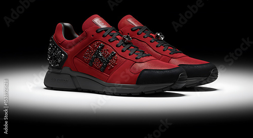 Stylish red and black sneakers with embellishments on black background for fashion and luxury