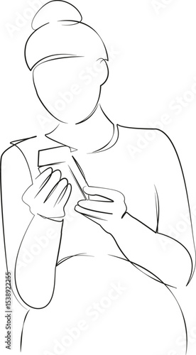 One continuous line drawing on white isolated background. Minimalism linear illustration. medicine, pharmacy, female, pregnant, woman, customer, retail, cough syrup