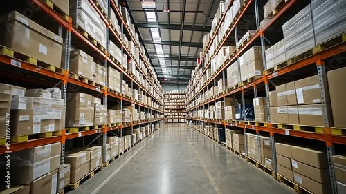 Wallpaper Mural Vast warehouse interior showcasing neatly stacked boxes on shelves, with a wide aisle for movement Torontodigital.ca