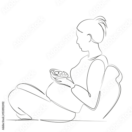 One continuous line drawing on white isolated background. Minimalism linear illustration. pregnant, adult, lifestyles, only women, healthy eating, mother, food and drink, prenatal care