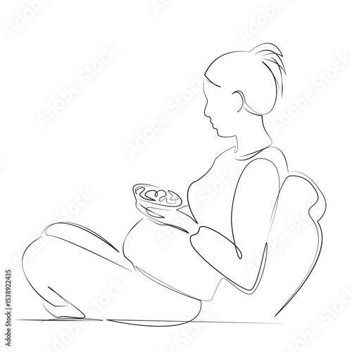 One continuous line drawing on white isolated background. Minimalism linear illustration. pregnant, adult, lifestyles, only women, healthy eating, mother, food and drink, prenatal care