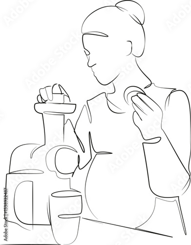 One continuous line drawing on white isolated background. Minimalism linear illustration. woman, kitchen, drink, juicer, indoor, pregnant, breakfast, mother, healthy lifestyle