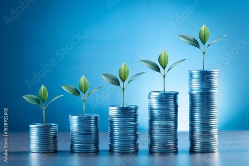 Minimalist Blue-Toned Startup Funding Cycle Concept with Stylized Coin Plants