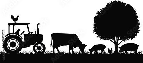 Silhouette of farm animals and tractor under a tree on a white background