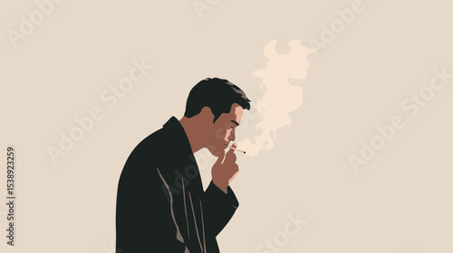 Man in black coat smoking on beige background healthy lifestyle