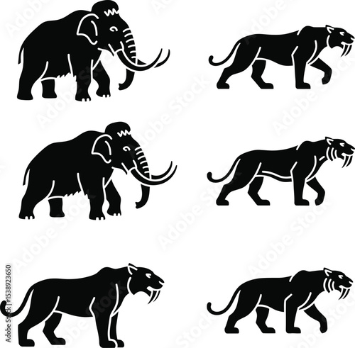 Mammoth and saber toothed cat icons set
