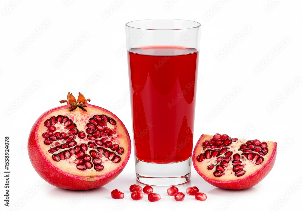 Pomegranate fruit and pomegranate juice for health on white background Pomegranate fruit and pomegranate juice for health on white background