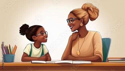 Smiling Teacher and Student, Studying at Desk, Education and Learning Illustration, Black Woman and Girl, School, Teaching