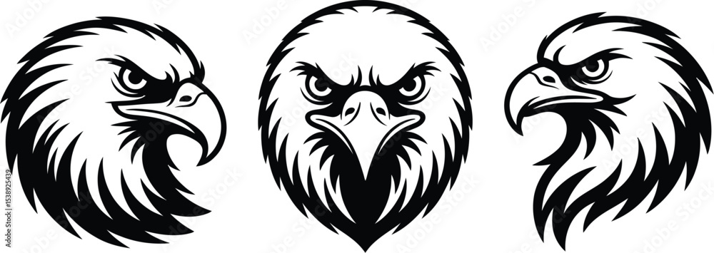 Obraz premium Three eagle head illustrations in black and white on a white background