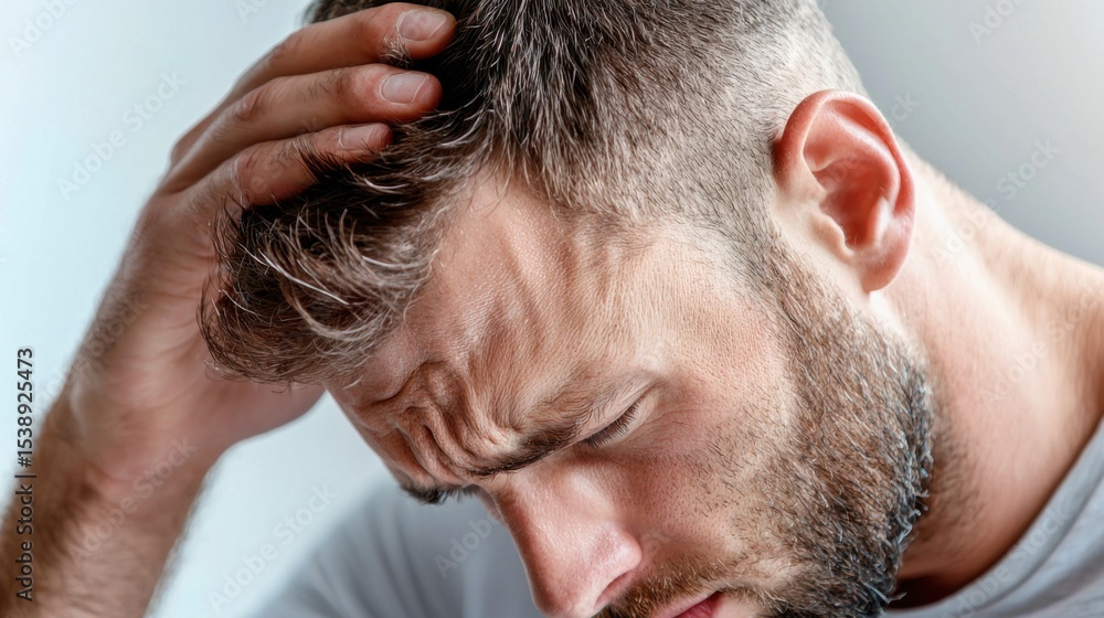 Obraz premium A distraught man holding his head in his hands, expressing visible signs of discomfort, stress, or mental anguish.