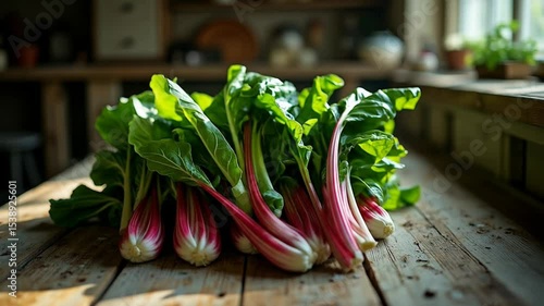Preparing Fresh Leafy Greens in Rustic Kitchen Setting