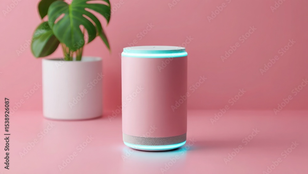 Fototapeta premium Pink Smart Speaker on Pink Background with Plant pink speaker