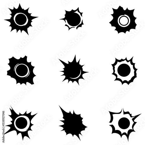 Set of black and white vector icons of bullet holes, shot marks, or explosions isolated on white background.