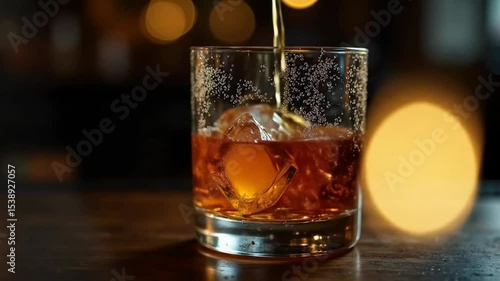 Pouring Beverage into Glass with Ice Cubes Close Up