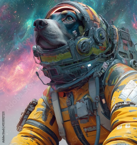 Futuristic dog astronaut in orange suit gazes at glowing stars.