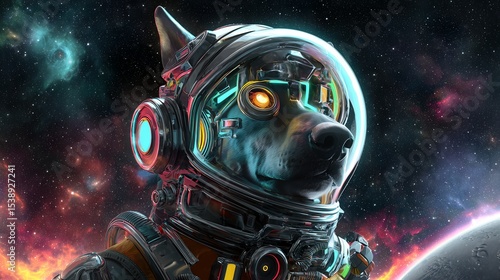 Astronaut Dog in Spacesuit Against Cosmic Background. Futuristic Space Exploration.